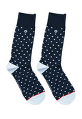 Malebasics fun sock-dotted navy blue socks with white polka dots light blue toe caps and red heel trim
