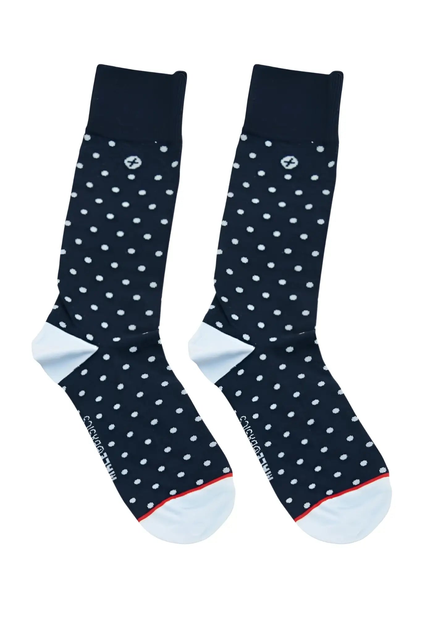 Malebasics fun sock-dotted navy blue socks with white polka dots light blue toe caps and red heel trim