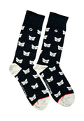 Black malebasics fun sock with white cat faces gray toe and heel sections and red trim at the bottom edge