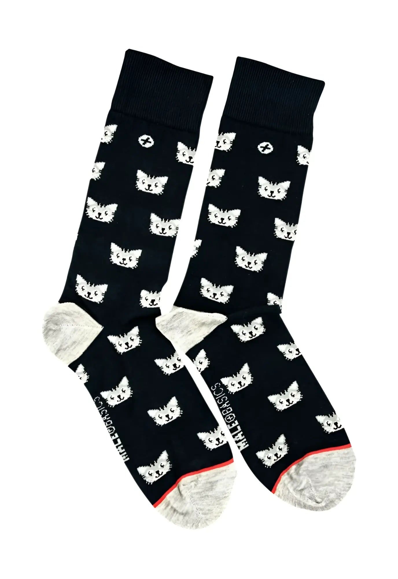 Black malebasics fun sock with white cat faces gray toe and heel sections and red trim at the bottom edge