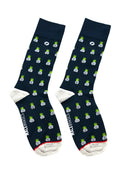 Navy blue malebasics fun sock with green and white pineapple pattern and red trim at toe and heel