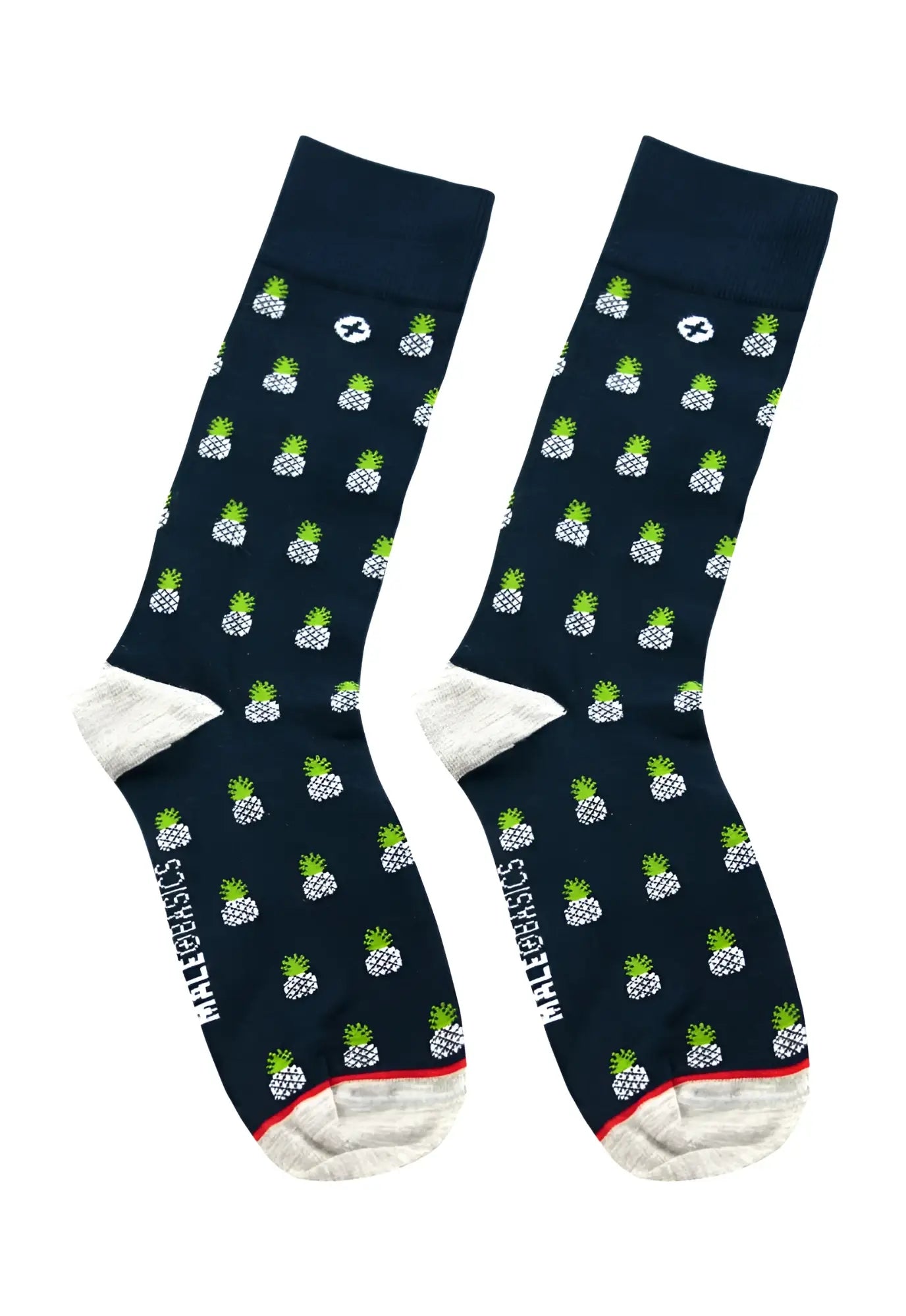 Navy blue malebasics fun sock with green and white pineapple pattern and red trim at toe and heel