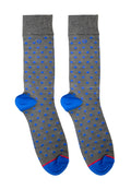 Male basics fun sock rombos featuring gray fabric with blue polka dots bright blue toe caps and pink heel trim