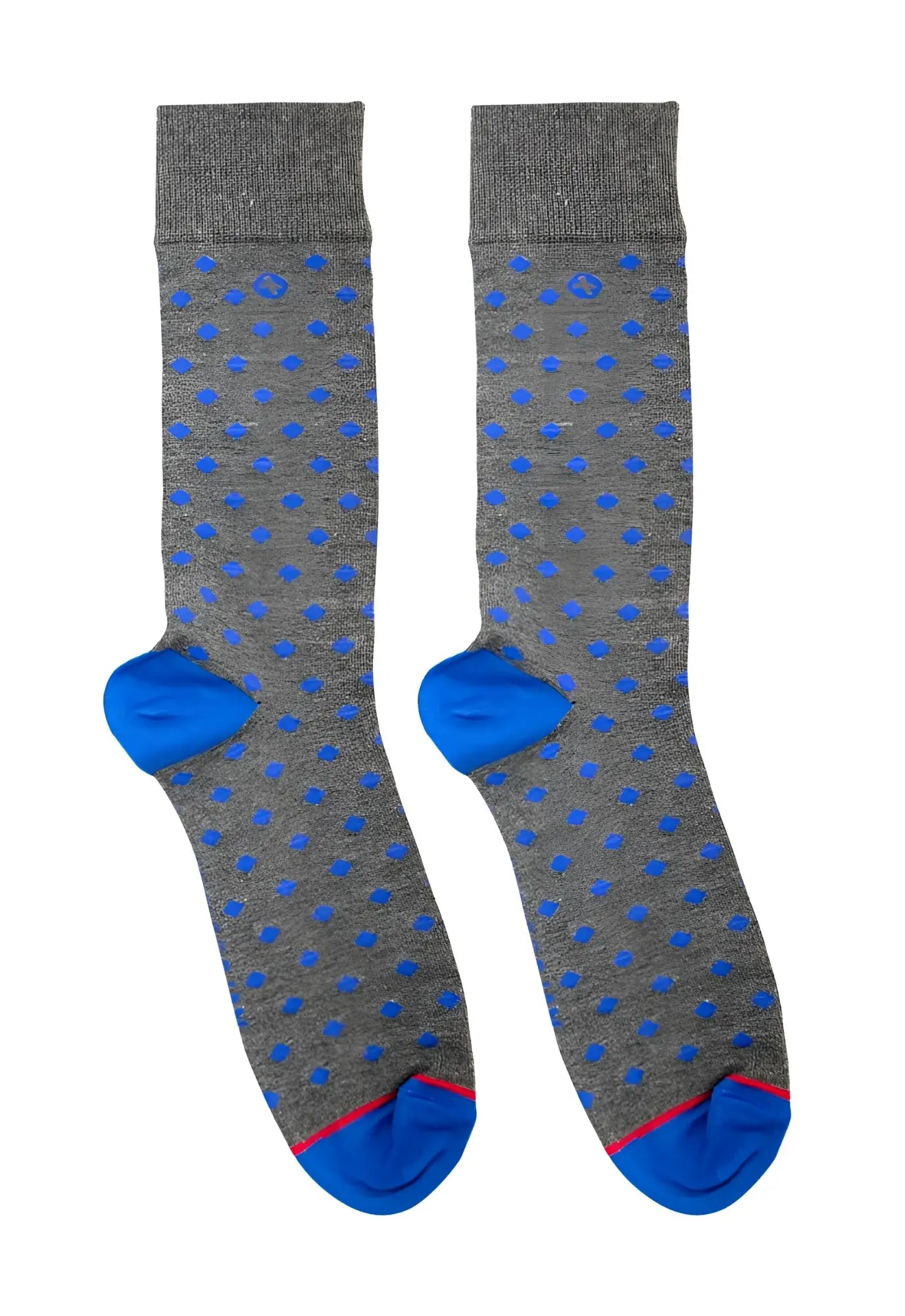 Male basics fun sock rombos featuring gray fabric with blue polka dots bright blue toe caps and pink heel trim