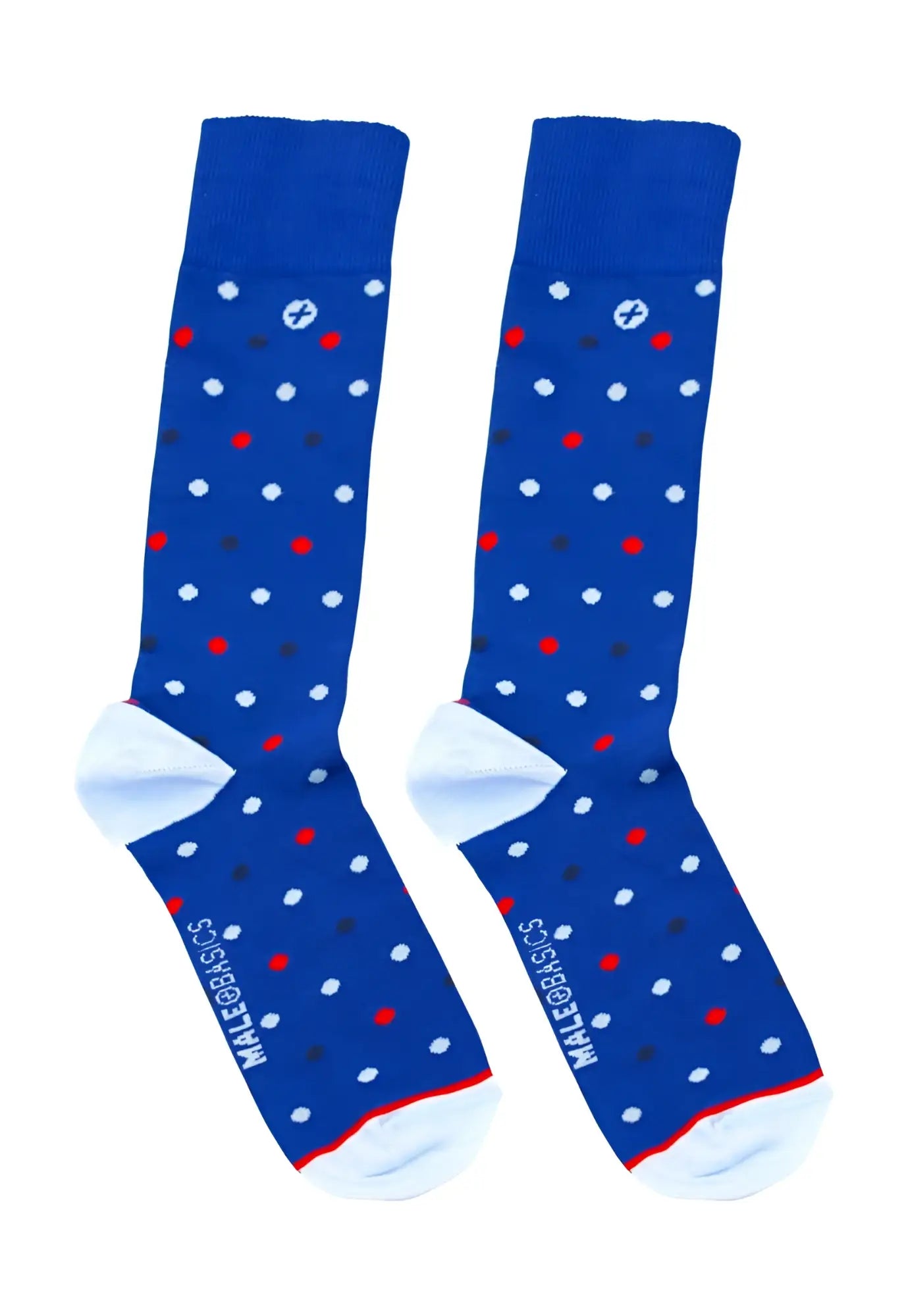Malebasics fun socks polka featuring blue socks with red white and black dots and white toe heel with millebasics branding