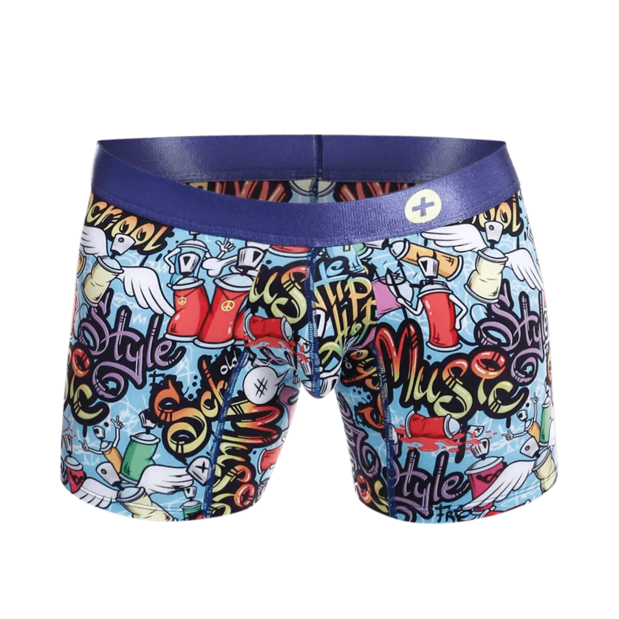 Malebasics hipster boxer briefs in blue waistband with vibrant graffiti design featuring spray cans wings style and music