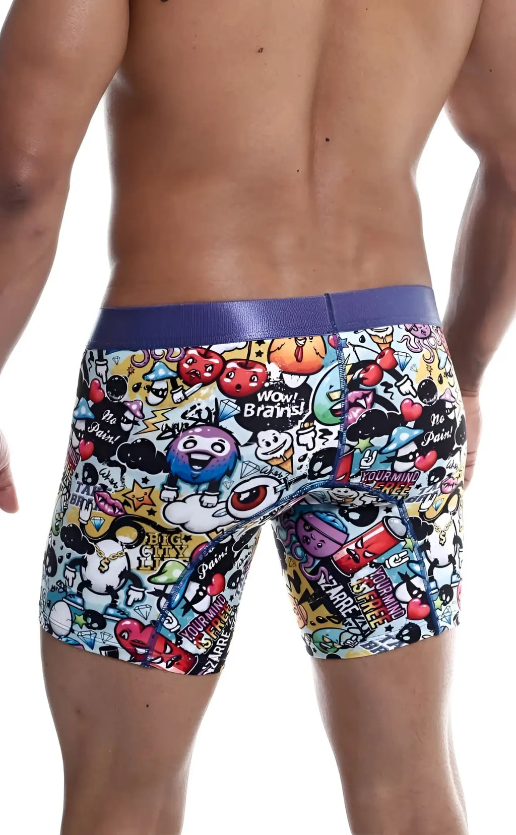 MaleBasics hipster boxer brief comics with vibrant cartoon pattern purple waistband and colorful doodles hearts text