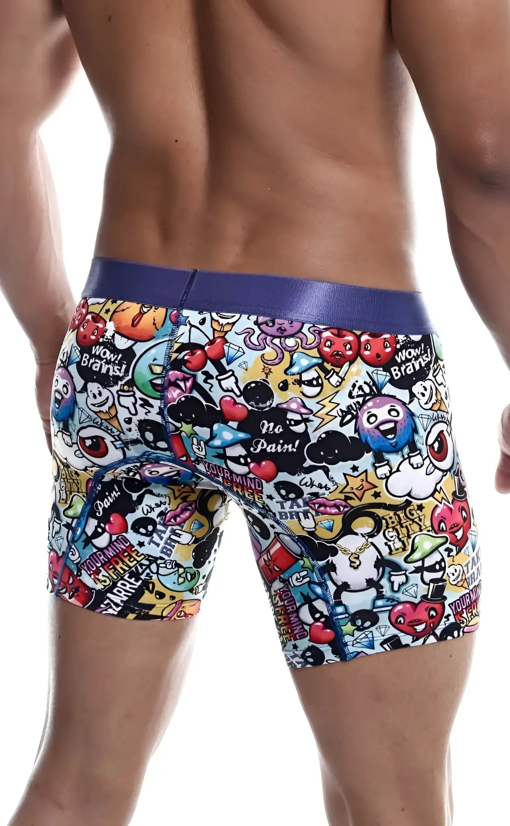 MaleBasics hipster boxer brief comics with vibrant colorful skull and heart graphics and a purple waistband on white background