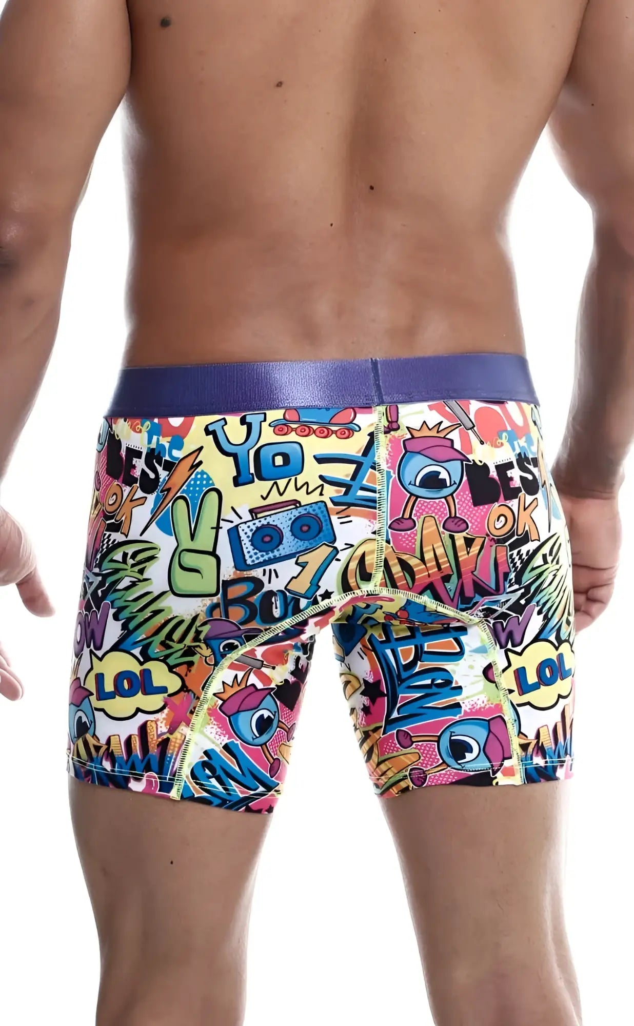 Malebasics hipster boxer brief comics featuring vibrant comic-book style print with a purple elastic waistband