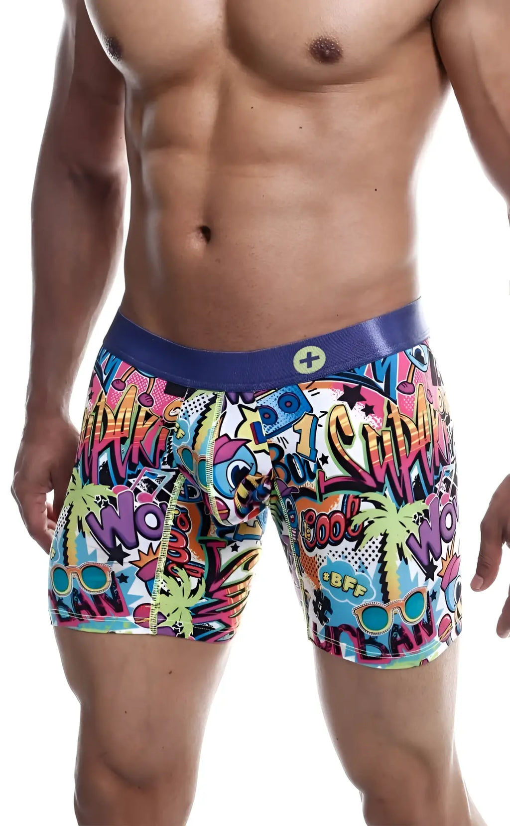 Malebasics hipster boxer brief comics with vibrant graffiti graphics and purple waistband in bold pink blue yellow and green