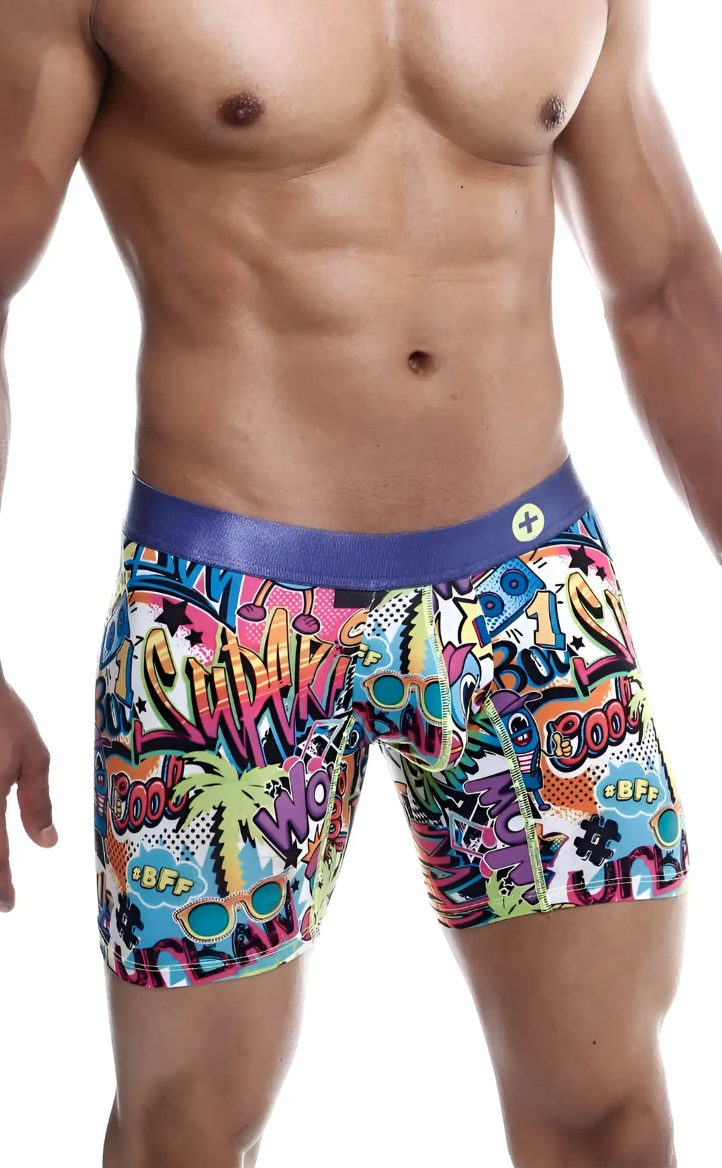 Malebasics hipster boxer brief comics with vibrant graffiti graphics and purple elastic waistband for comfortable fit