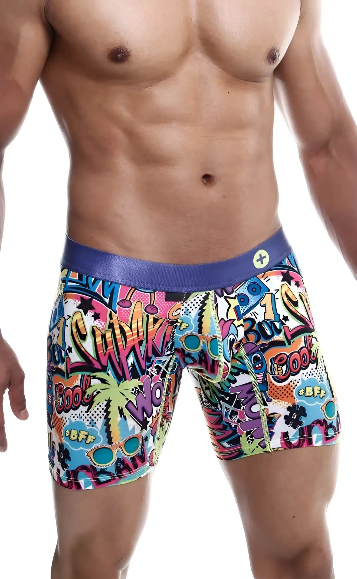 Malebasics hipster boxer brief comics with vibrant graffiti graphics and purple elastic waistband for comfortable fit
