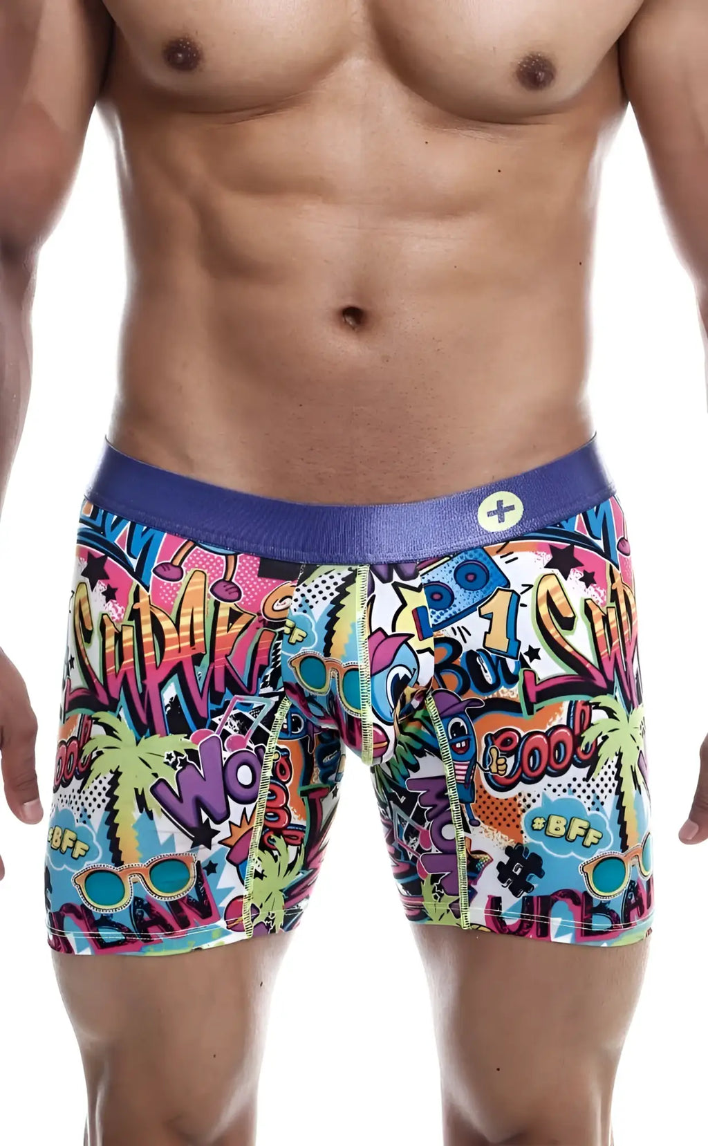 MaleBasics hipster boxer briefs in vibrant comic book style with purple waistband and colorful graffiti graphics