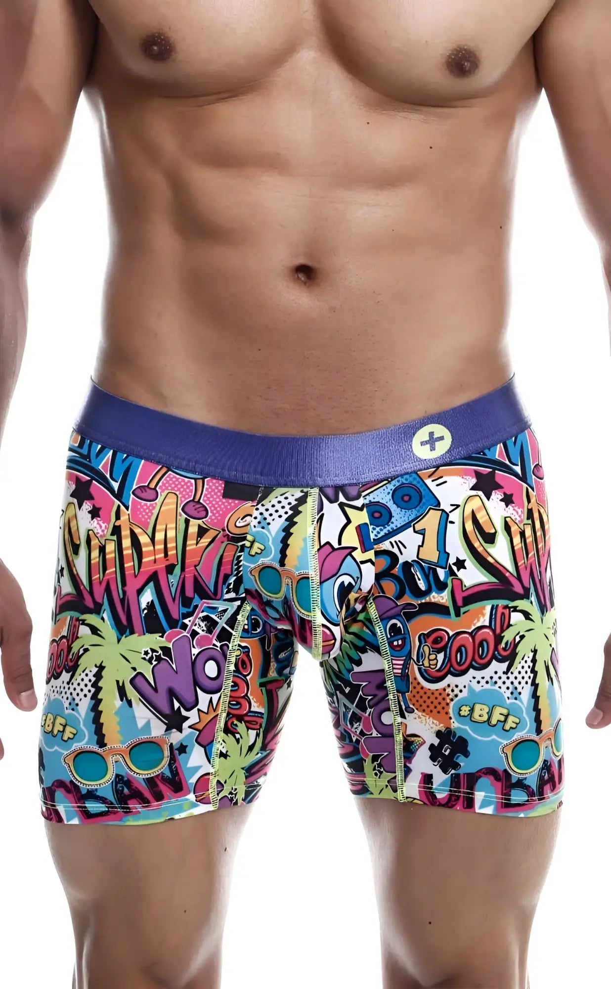 MaleBasics hipster boxer briefs in vibrant comic book style with purple waistband and colorful graffiti graphics