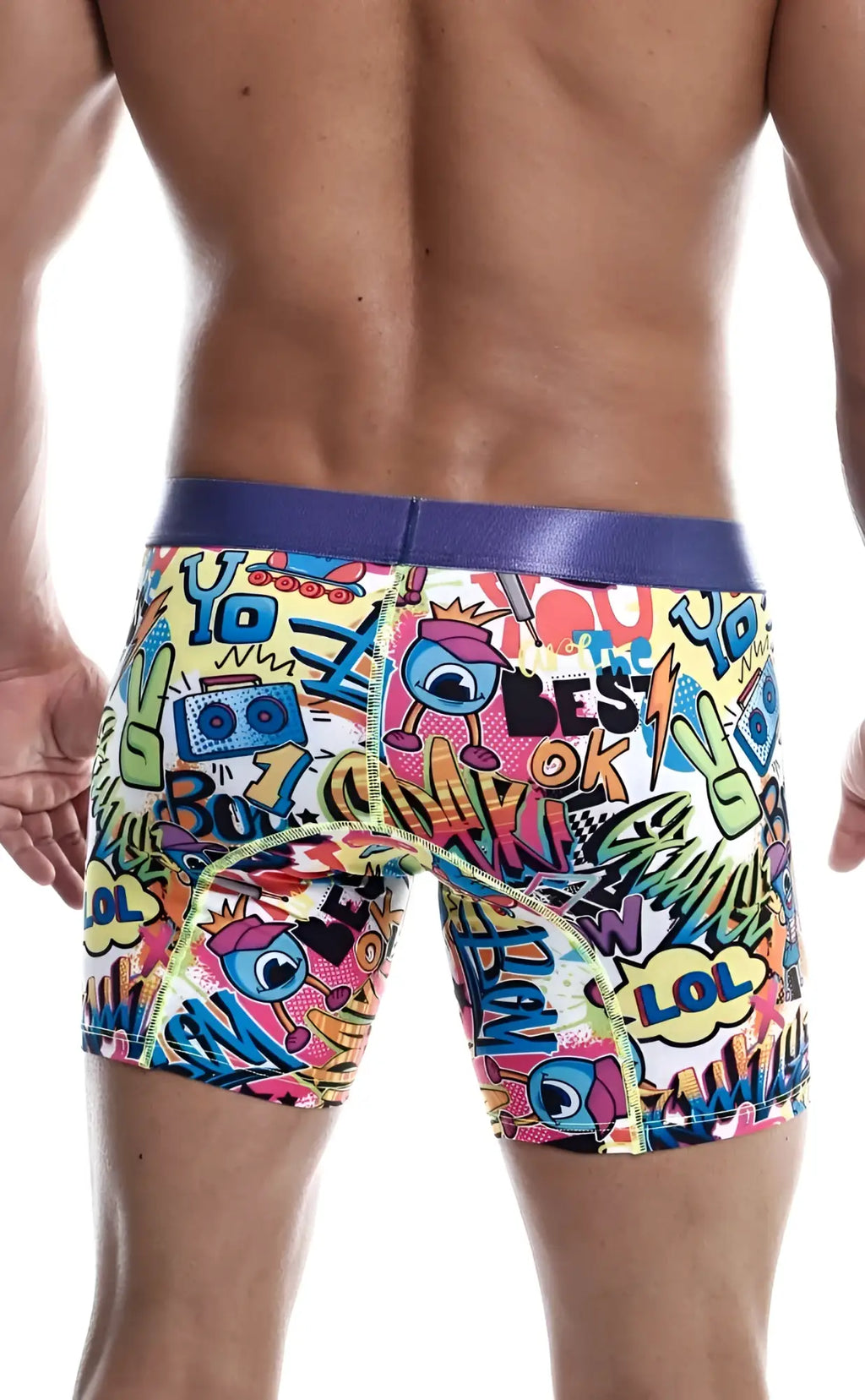 Malebasics hipster boxer brief comics with vibrant comic-themed graphics, purple waistband, and retro boombox design