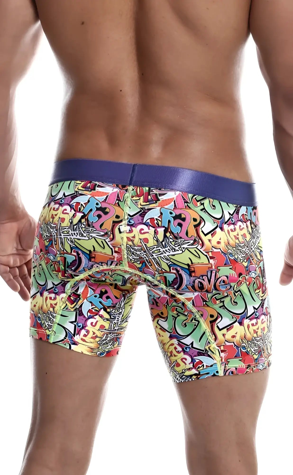 MaleBasics hipster boxer brief comics featuring vibrant graffiti patterns and a bold purple waistband for men