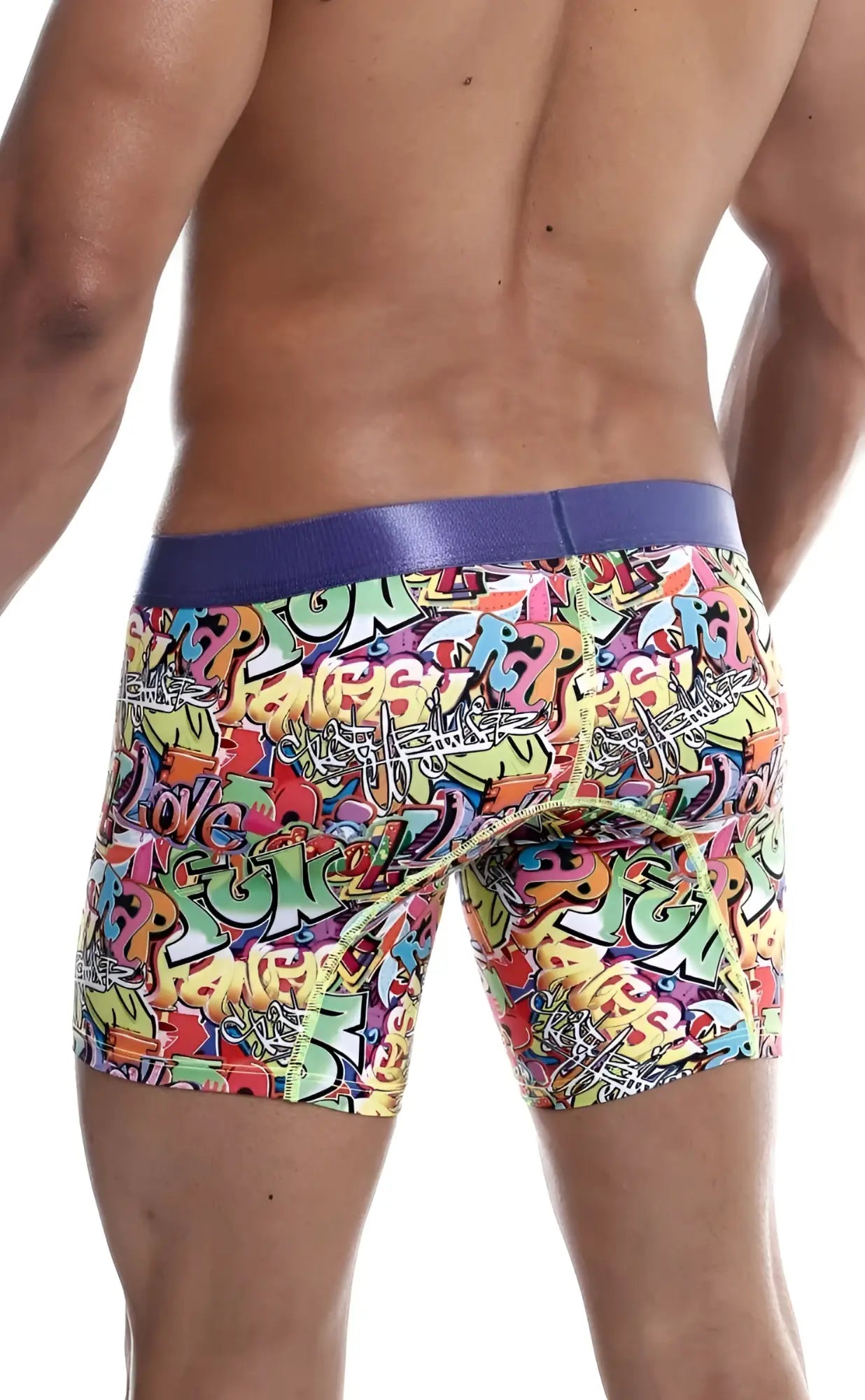 Malebasics hipster boxer brief comics with vibrant graffiti pattern and solid purple waistband for men