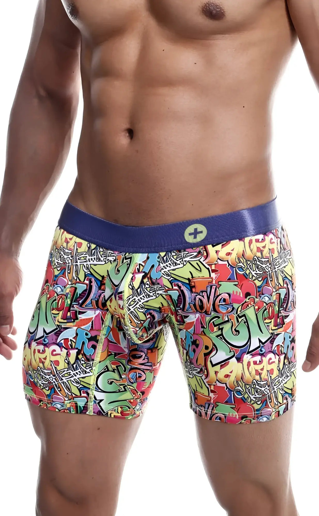 Malebasics hipster boxer brief comics with vibrant graffiti pattern and solid blue waistband featuring yellow plus logo