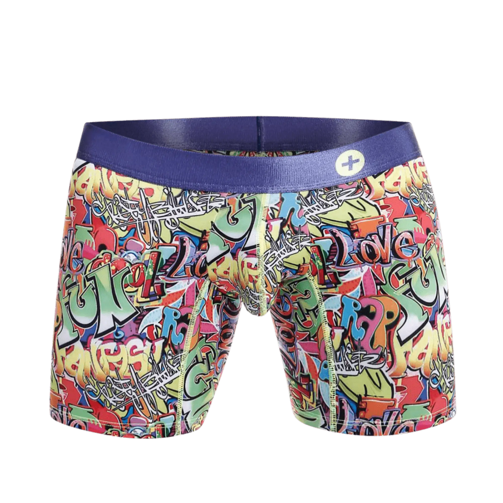 Malebasics hipster boxer brief comics feature vibrant graffiti-patterned fabric with a solid purple elastic waistband