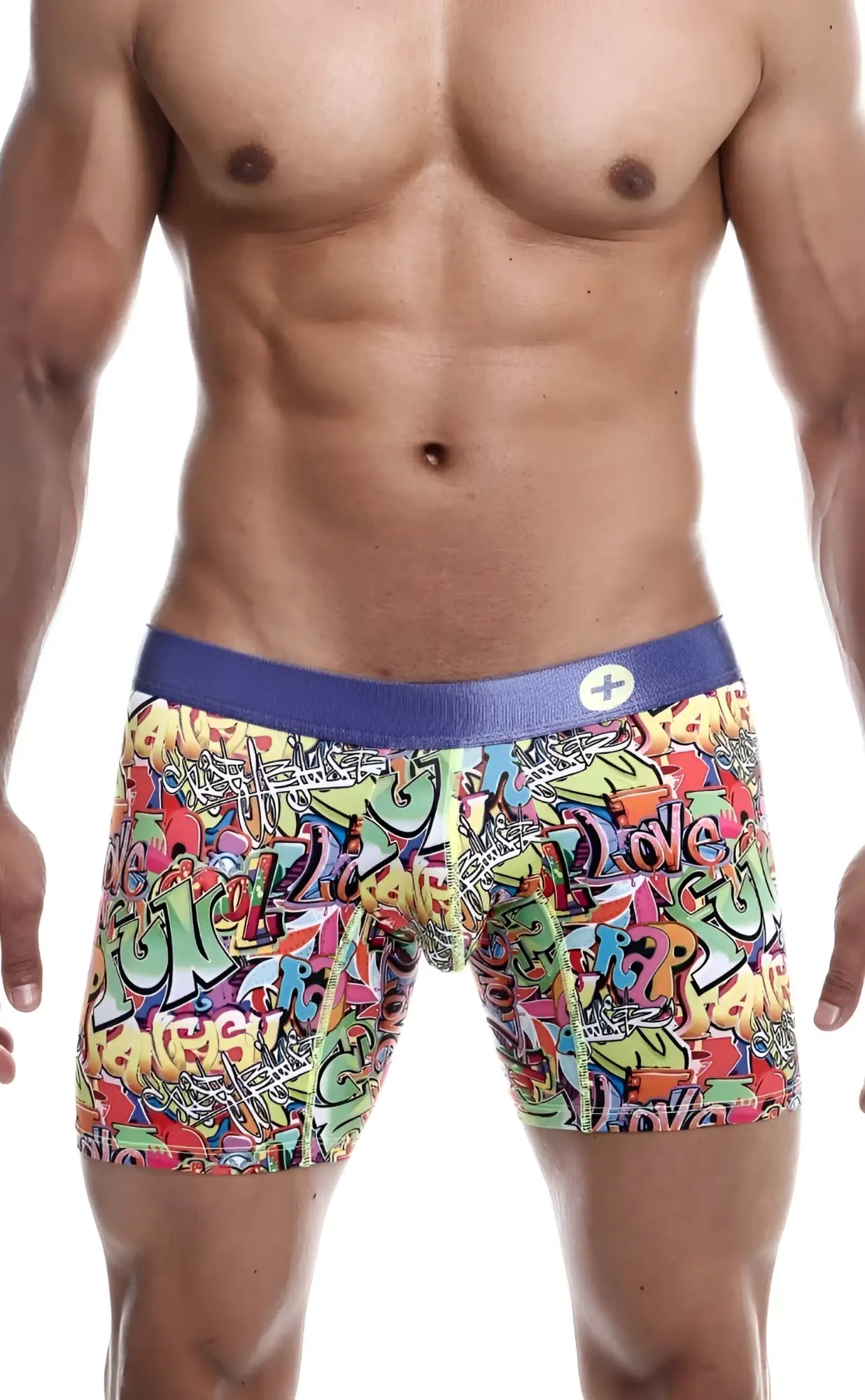 Malebasics hipster boxer brief comics featuring vibrant graffiti pattern with solid purple waistband for men
