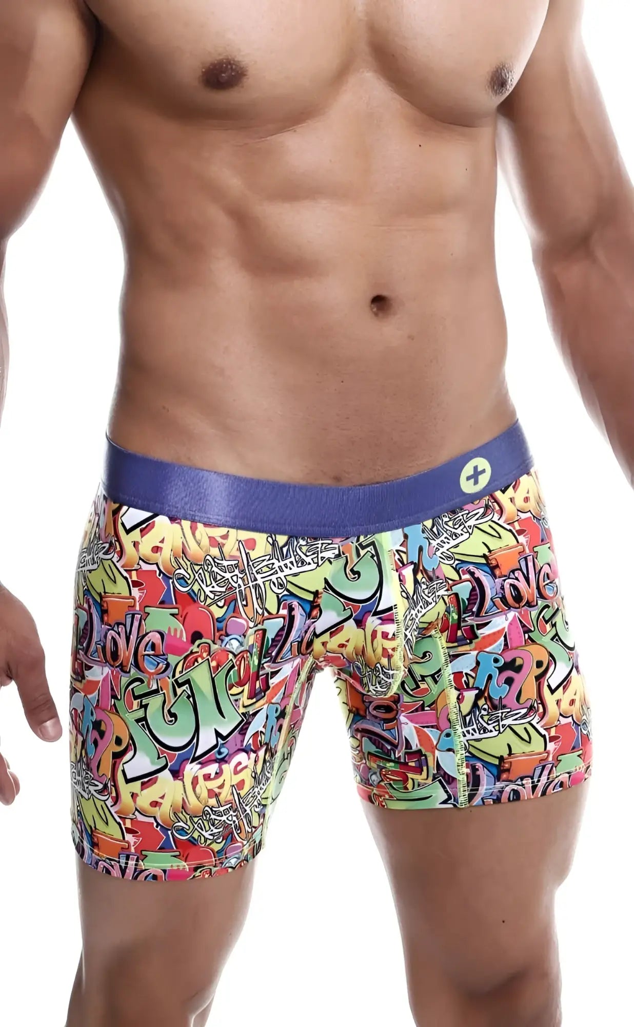 Malebasics hipster boxer brief comics vibrant graffiti pattern with solid purple waistband for comfortable daily wear