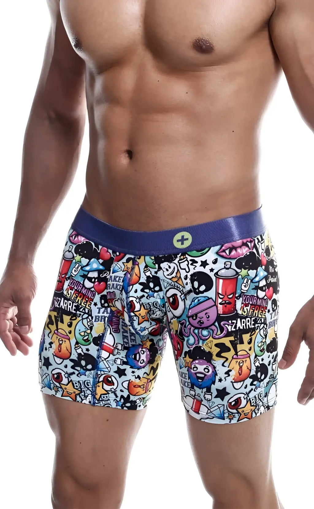 Male basics hipster boxer brief comics with vibrant graffiti-style print and bold purple waistband for casual wear