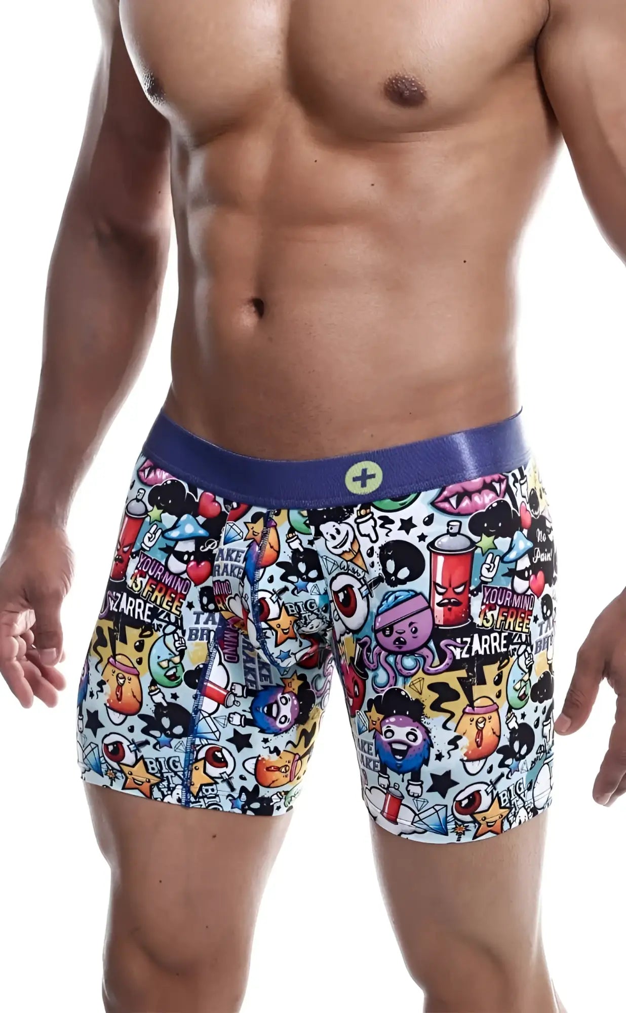 Male basics hipster boxer brief comics with vibrant graffiti-style print and bold purple waistband for casual wear