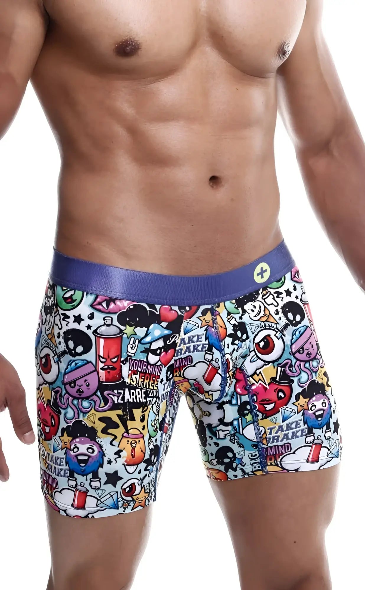 Vibrant comics hipster boxer briefs with purple elastic waistband featuring graffiti-style print for men