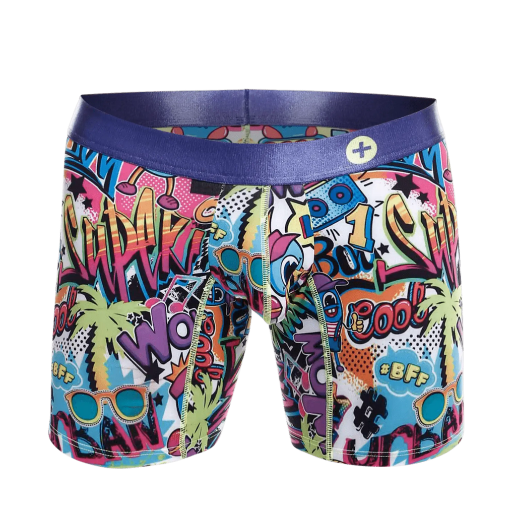 MaleBasics hipster boxer brief comics featuring vibrant comic book graphics with a purple elastic waistband