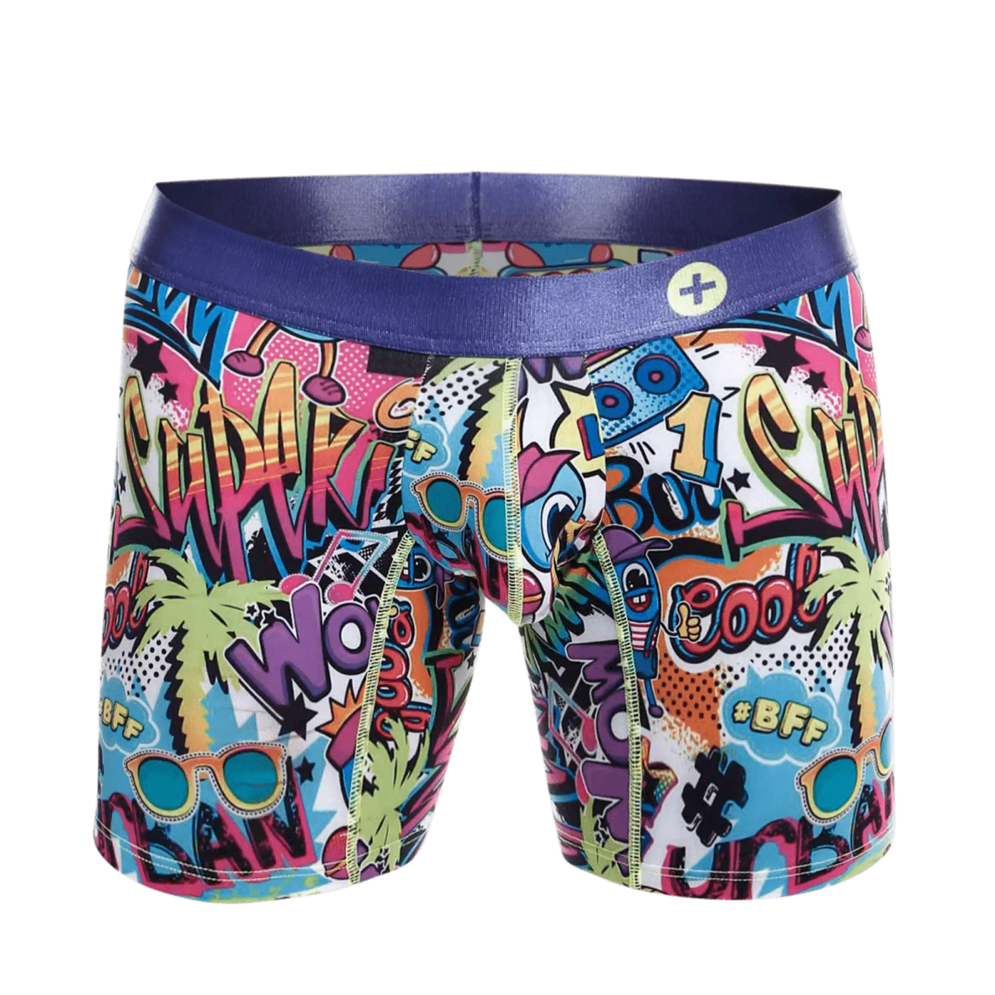 MaleBasics hipster boxer brief comics featuring vibrant comic book graphics with a purple elastic waistband
