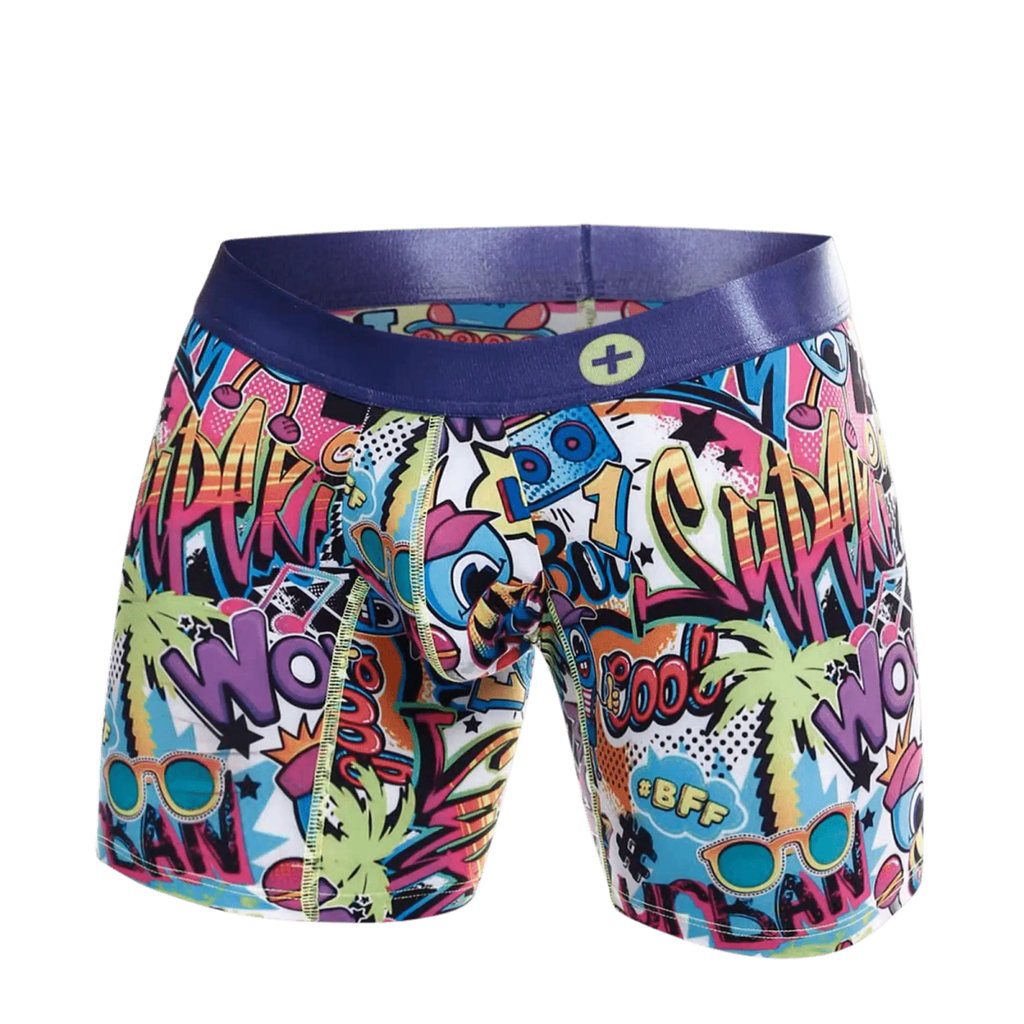 MaleBasics hipster boxer briefs with vibrant comic book graphics and a purple waistband for comfortable wear