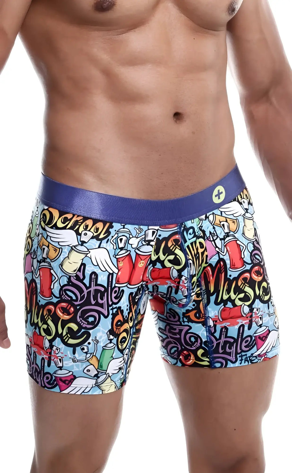 Vibrant male basics hipster boxer brief comics with light blue base colorful spray paint cans stylized text and purple waistband
