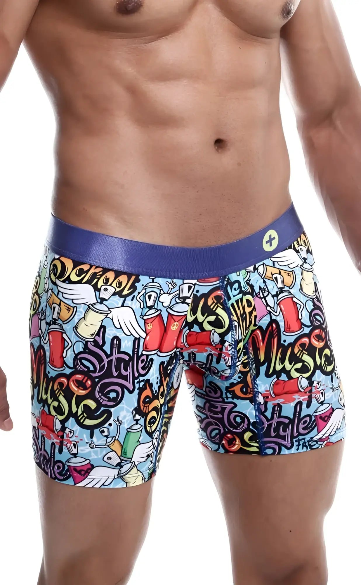 Vibrant male basics hipster boxer brief comics with light blue base colorful spray paint cans stylized text and purple waistband