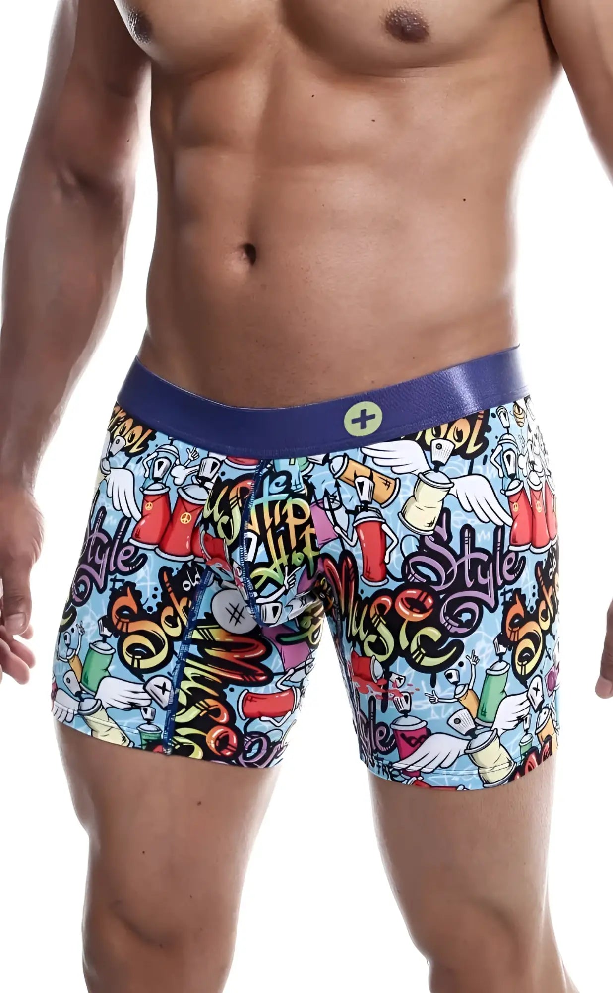 Malebasics hipster boxer brief comics in light blue with vibrant graffiti spray paint cans and stylized text design
