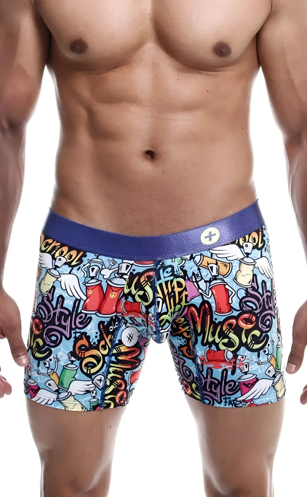 MaleBasics hipster boxer brief comics with vibrant graffiti spray paint design on light blue fabric and bold blue waistband