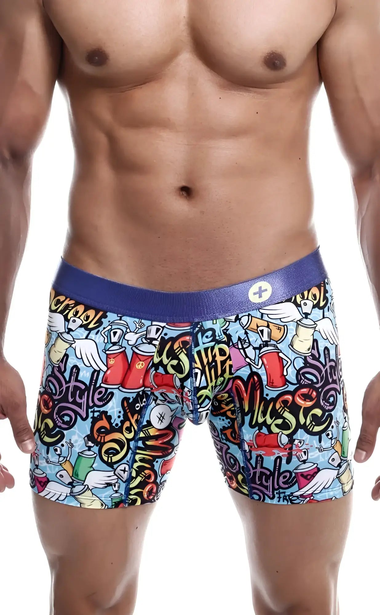 MaleBasics hipster boxer brief comics with vibrant graffiti spray paint design on light blue fabric and bold blue waistband