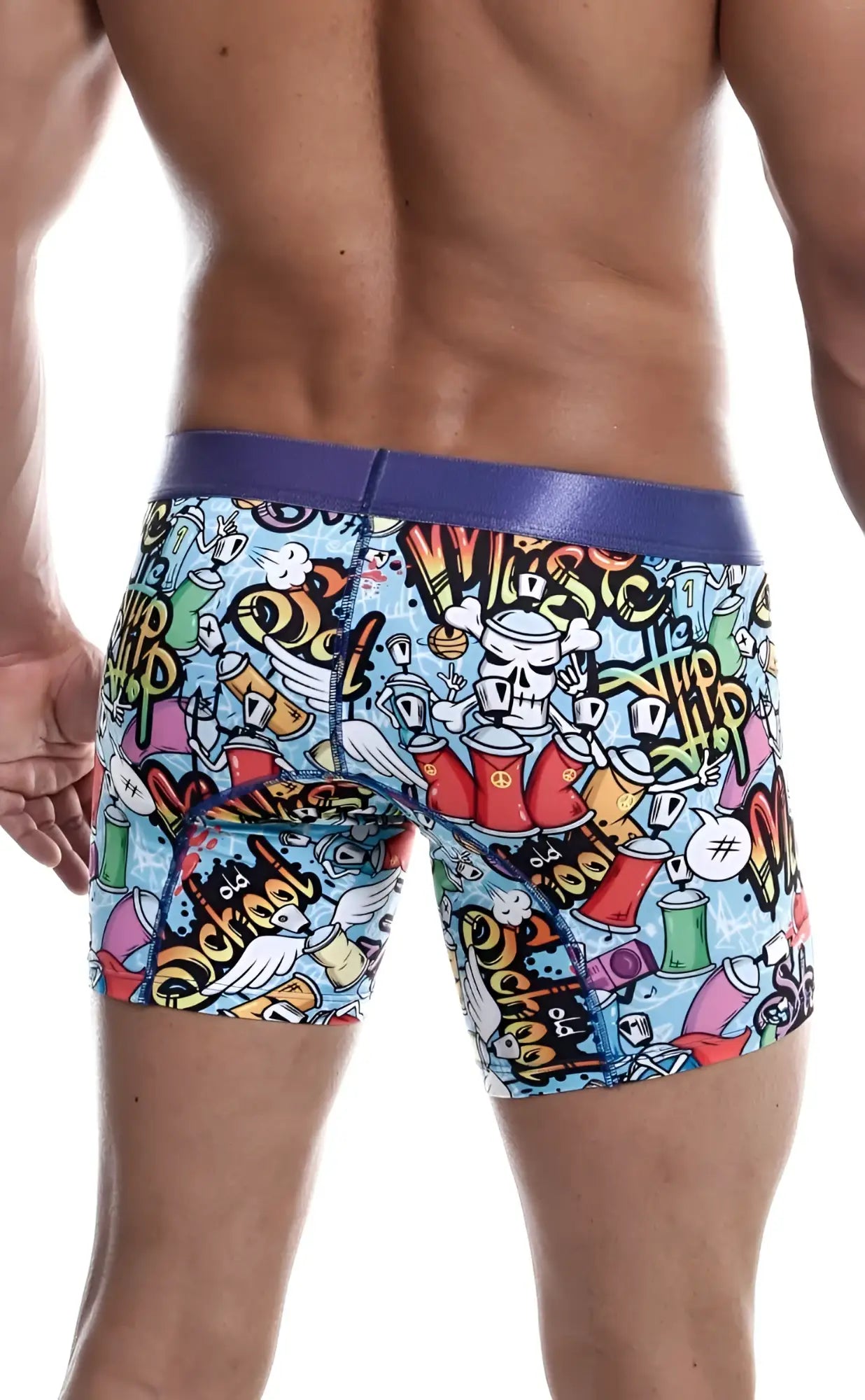 MaleBasics hipster boxer brief comics in vibrant graffiti print with light blue base colorful spray cans and skulls purple waistband