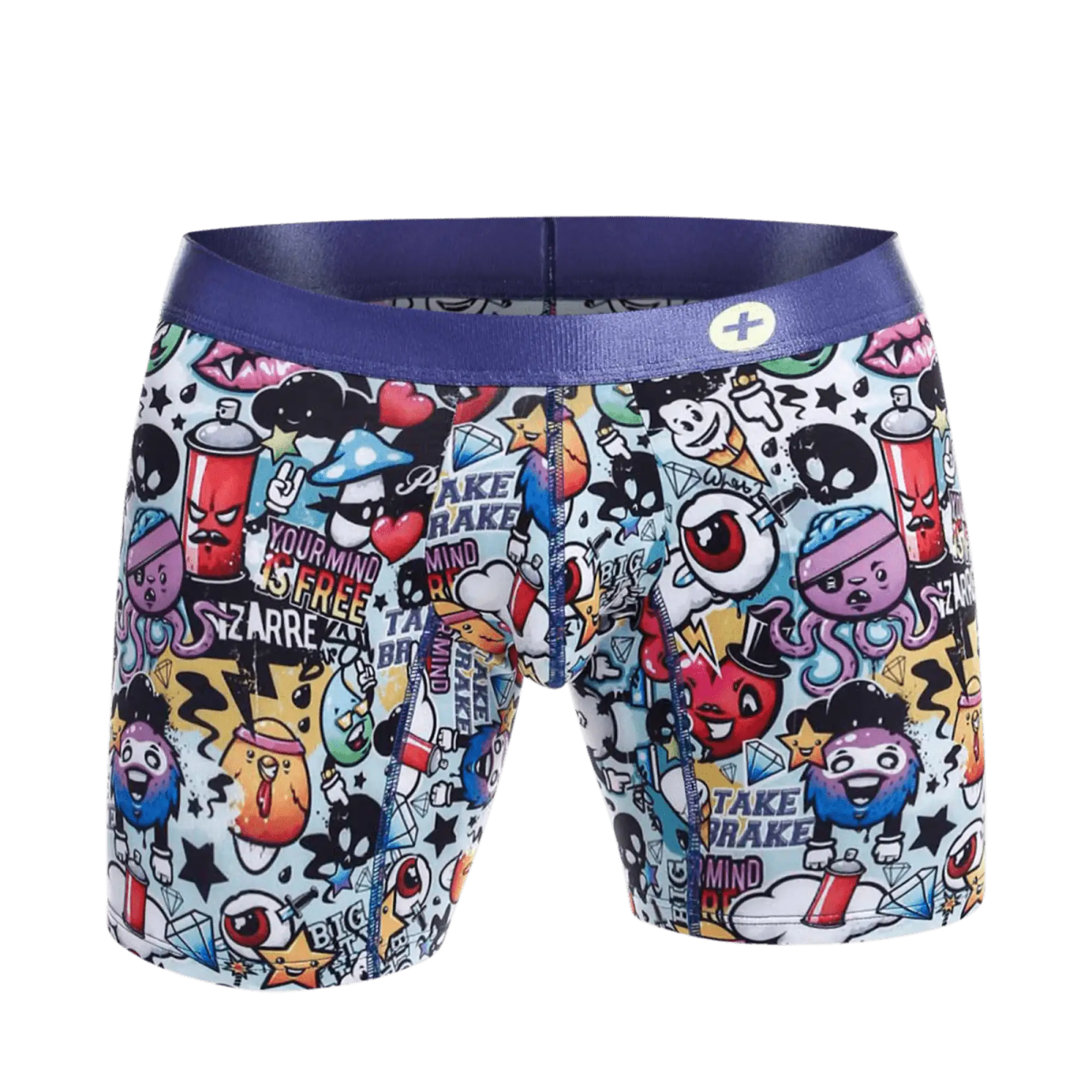 Malebasics hipster boxer briefs with vibrant graffiti-themed colorful cartoon characters and a purple waistband