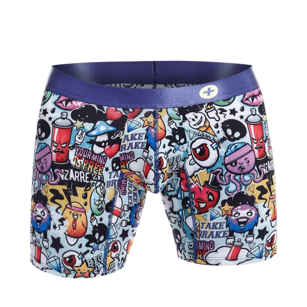 Malebasics hipster boxer brief comics with vibrant graffiti design purple waistband and colorful cartoon characters