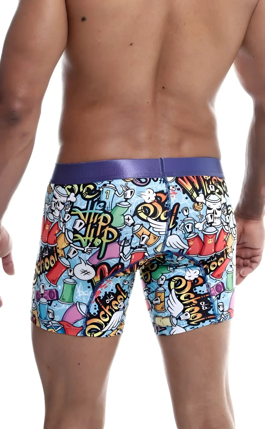 Malebasics hipster boxer brief comics with vibrant graffiti-style cartoon graphics and a purple waistband on light blue