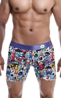 Malebasics hipster boxer briefs in white with colorful cartoon graffiti print and solid purple waistband