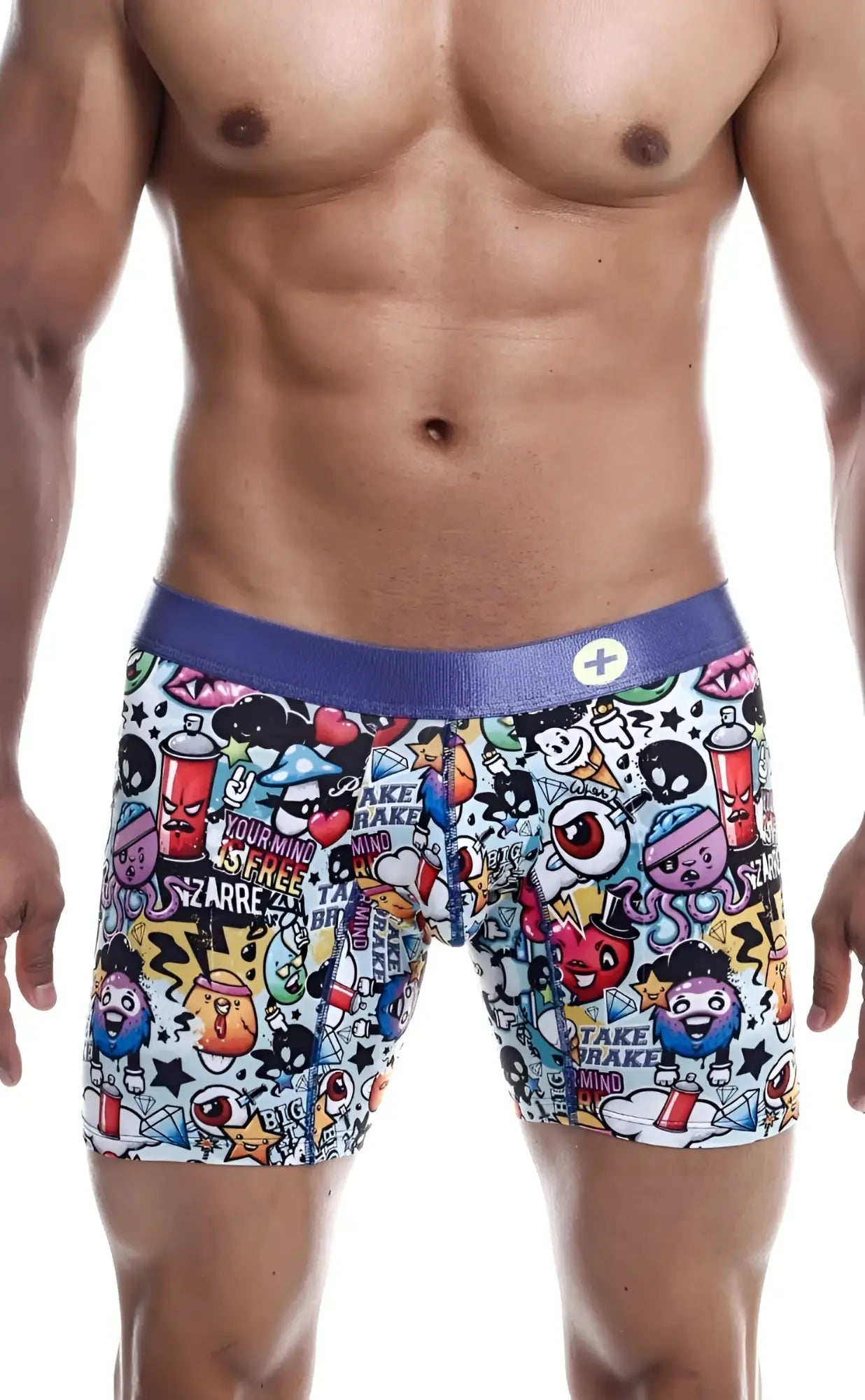 Malebasics hipster boxer briefs in white with colorful cartoon graffiti print and solid purple waistband