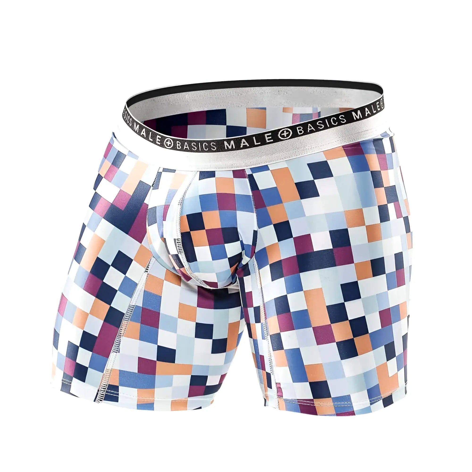 Malebasics hipster boxer brief pixels with vibrant blue orange purple and white pixel pattern and silver branded waistband