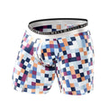 Malebasics hipster boxer brief pixels with vibrant blue orange purple white pixelated pattern and silver branded waistband
