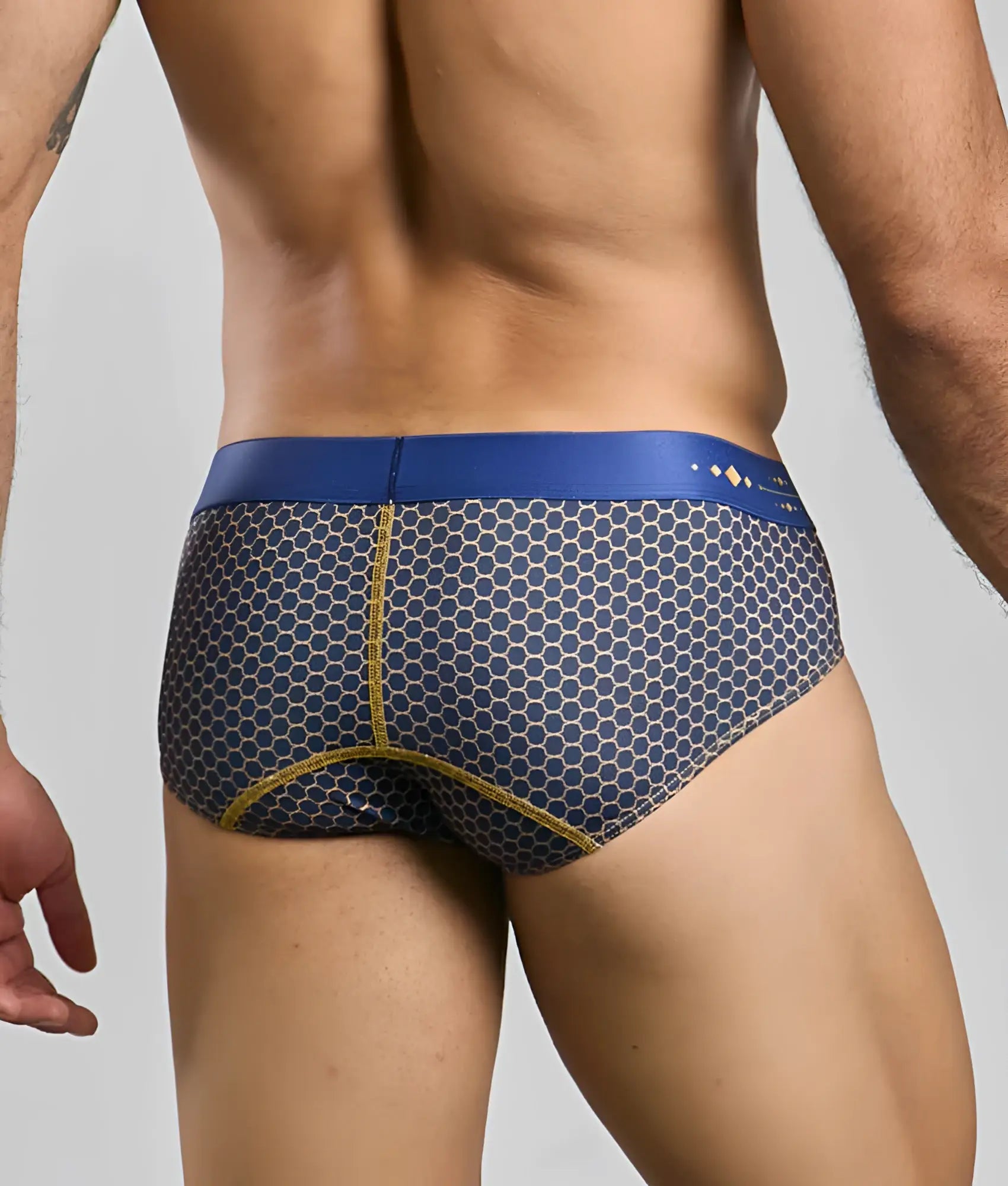 Malebasics hipster brief in blue and gray honeycomb pattern with yellow stitching designed for men