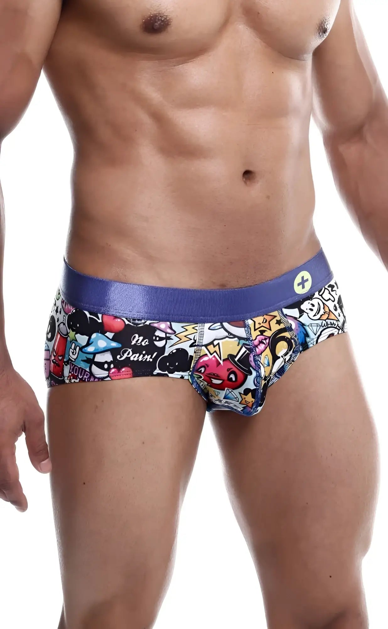 Blue waistband men’s hipster brief comics with colorful graffiti cartoon print and no pain design on white background