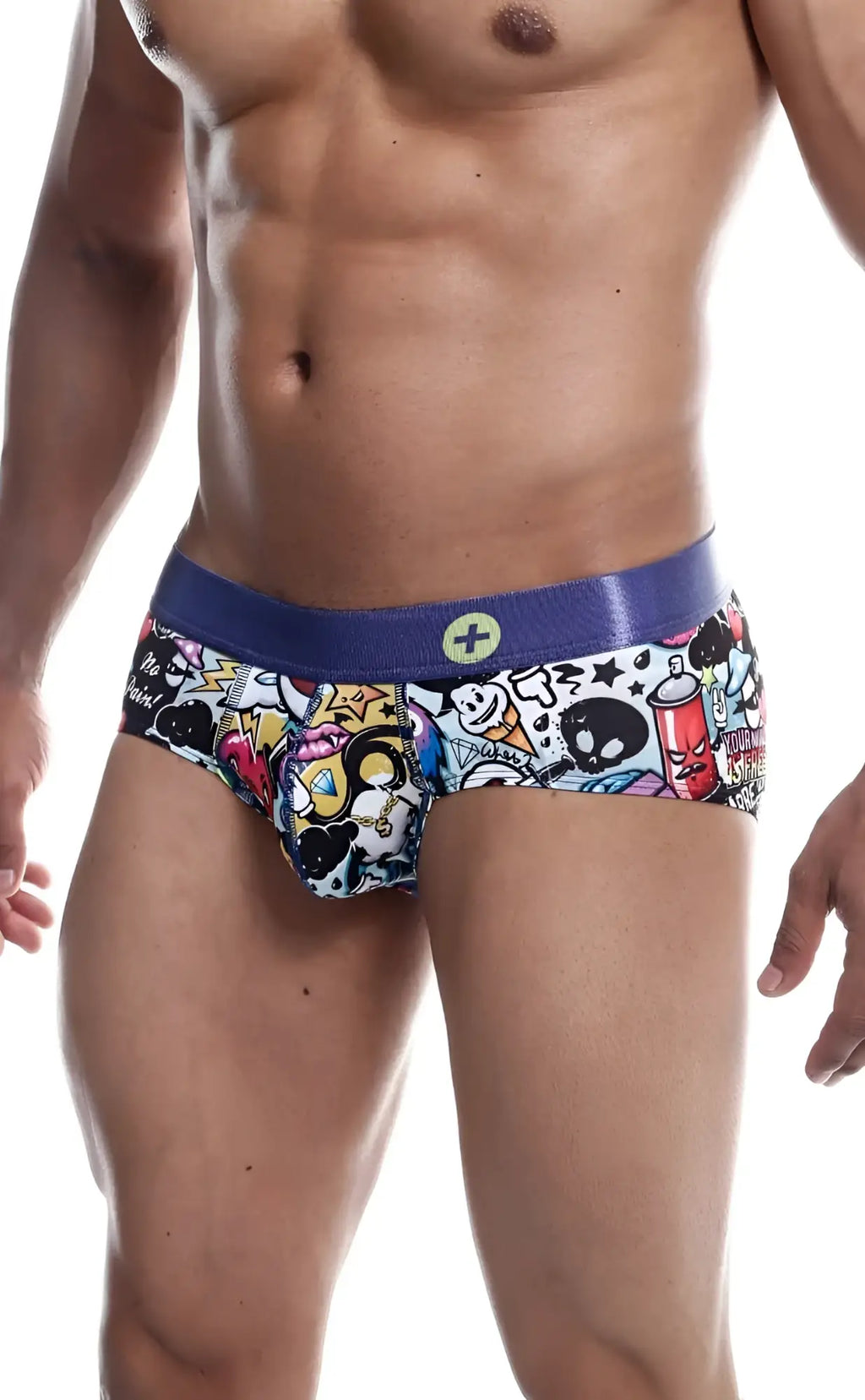 Malebasics hipster brief comics in blue and white cartoon pattern with shiny elastic waistband for men