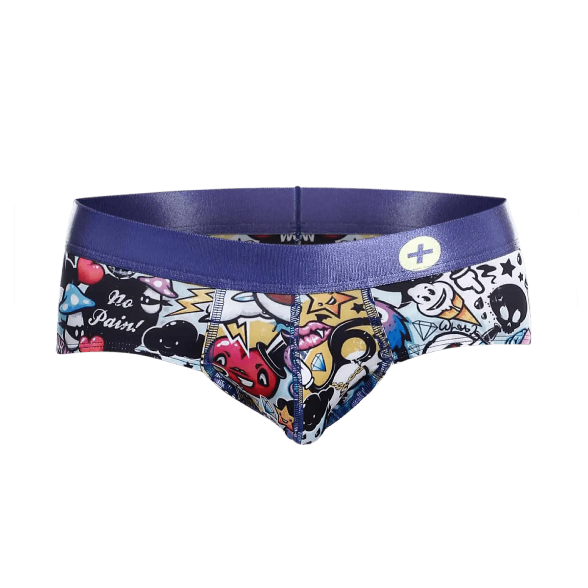Malebasics hipster brief comics in purple waistband with vibrant graffiti-style cartoon print and colorful characters