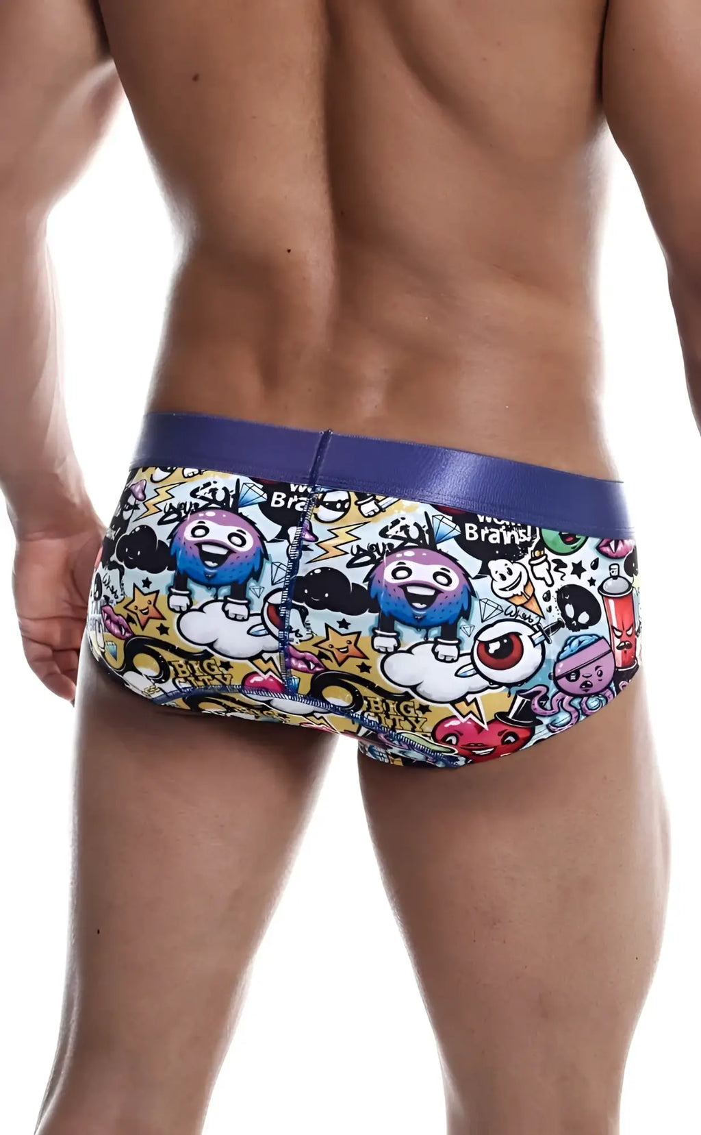 Malebasics hipster brief comics swim trunks with vibrant character graphics and bold purple waistband for men