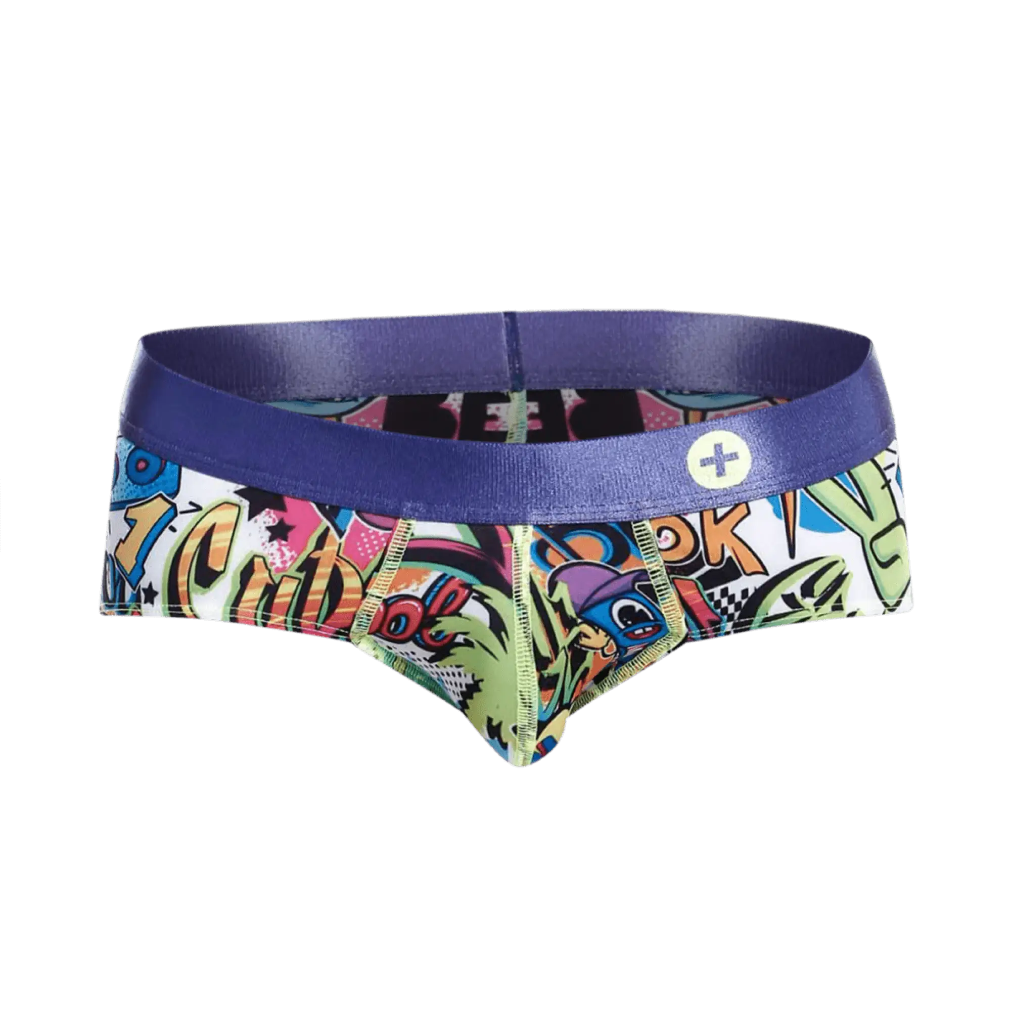 MaleBasics hipster briefs featuring a colorful, vibrant comic book print and a solid purple waistband.